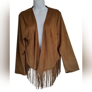 Brown Faux Suede Western Fringe Open Front Long Sleeve Cardigan Top Women's XL